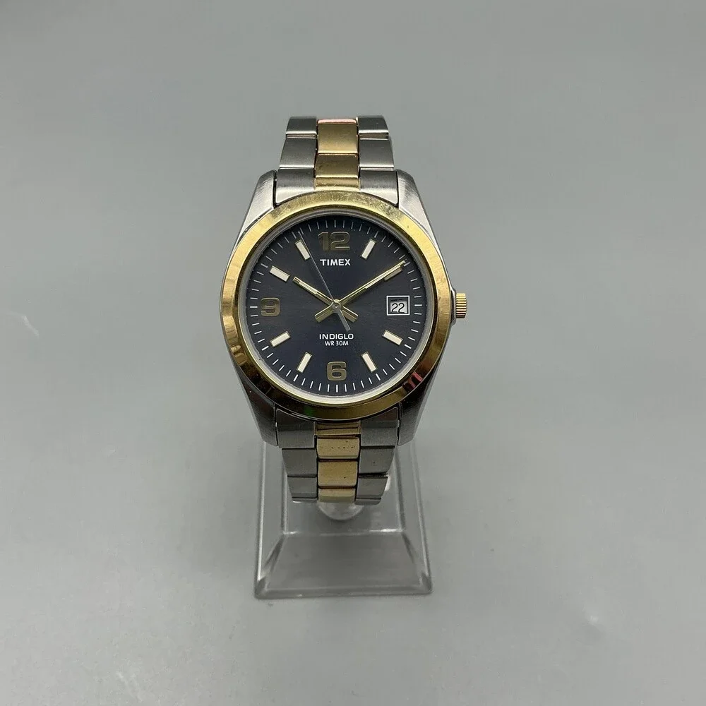 Timex Indiglo WR 30M Mens Watch 35mm Black Dial Two Tone Date New Battery 7.5